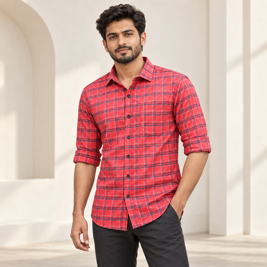 Checked shirt model view with folded sleeves
