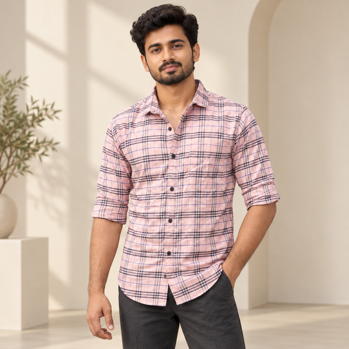 Checked shirt model view with folded sleeves