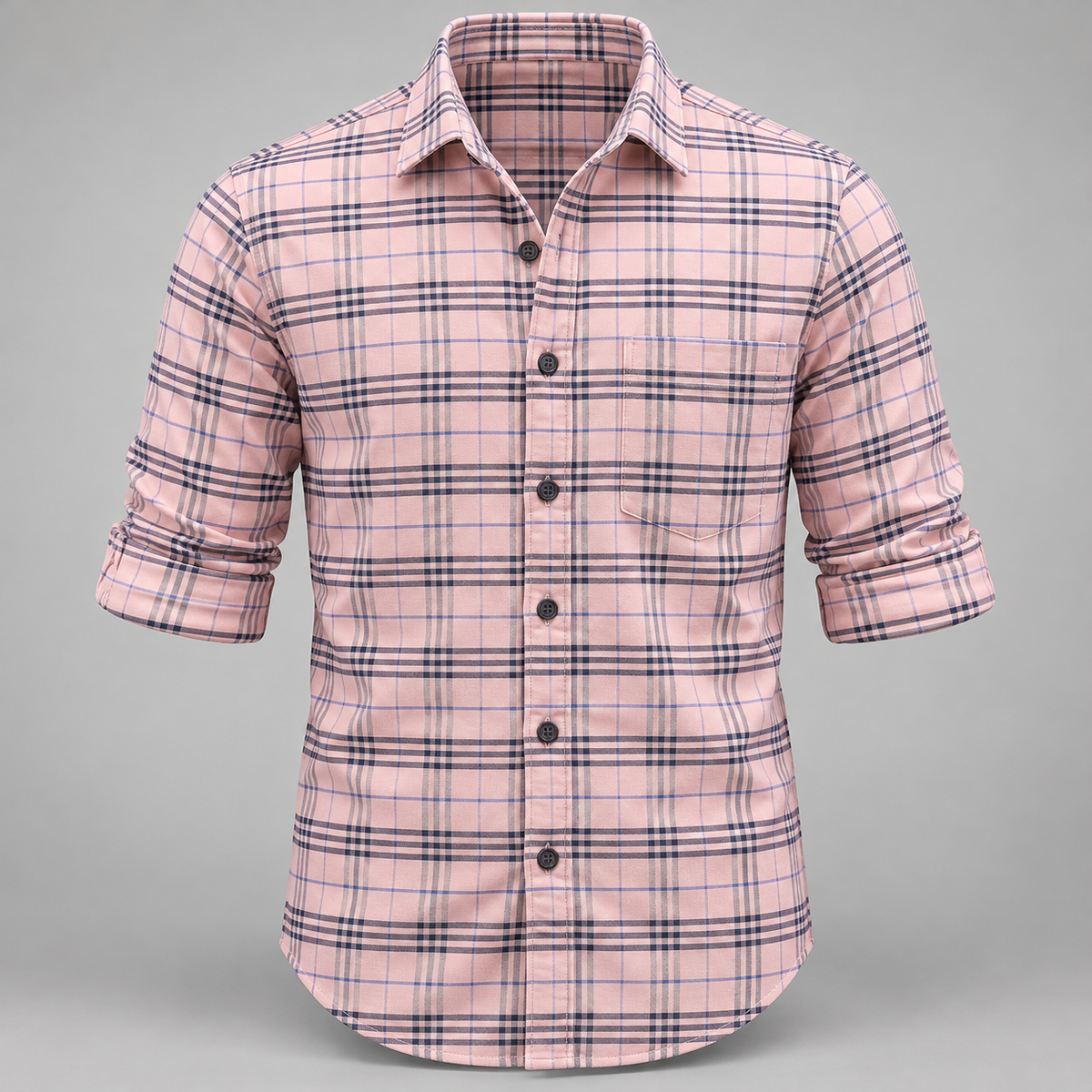 Checked shirt front product view with folded sleeves