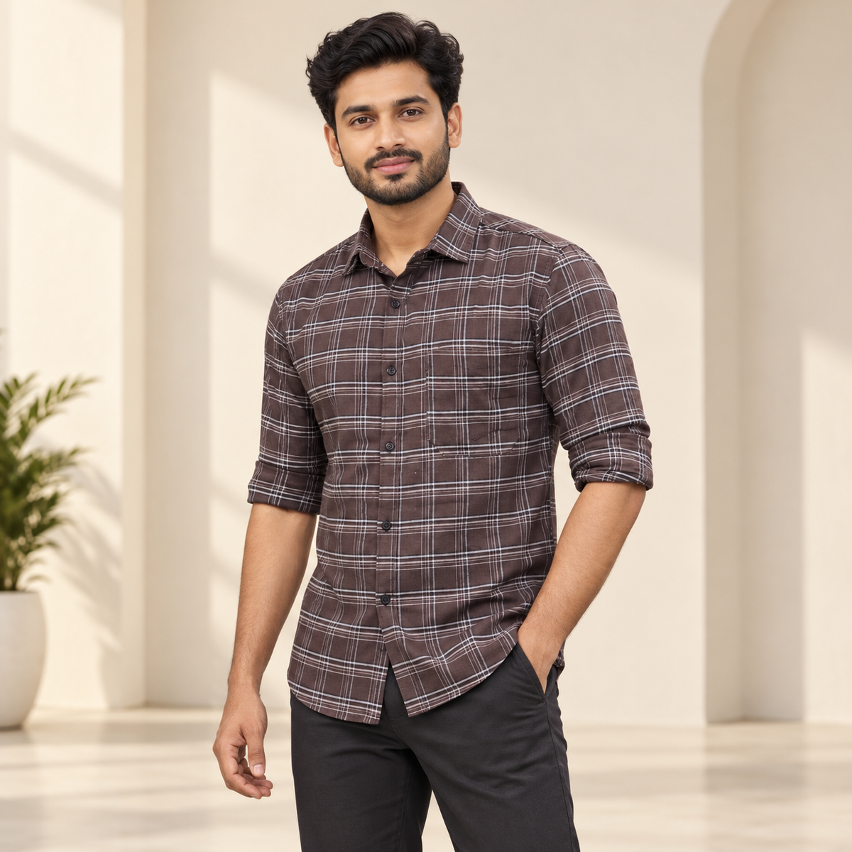 Checked shirt model view with folded sleeves