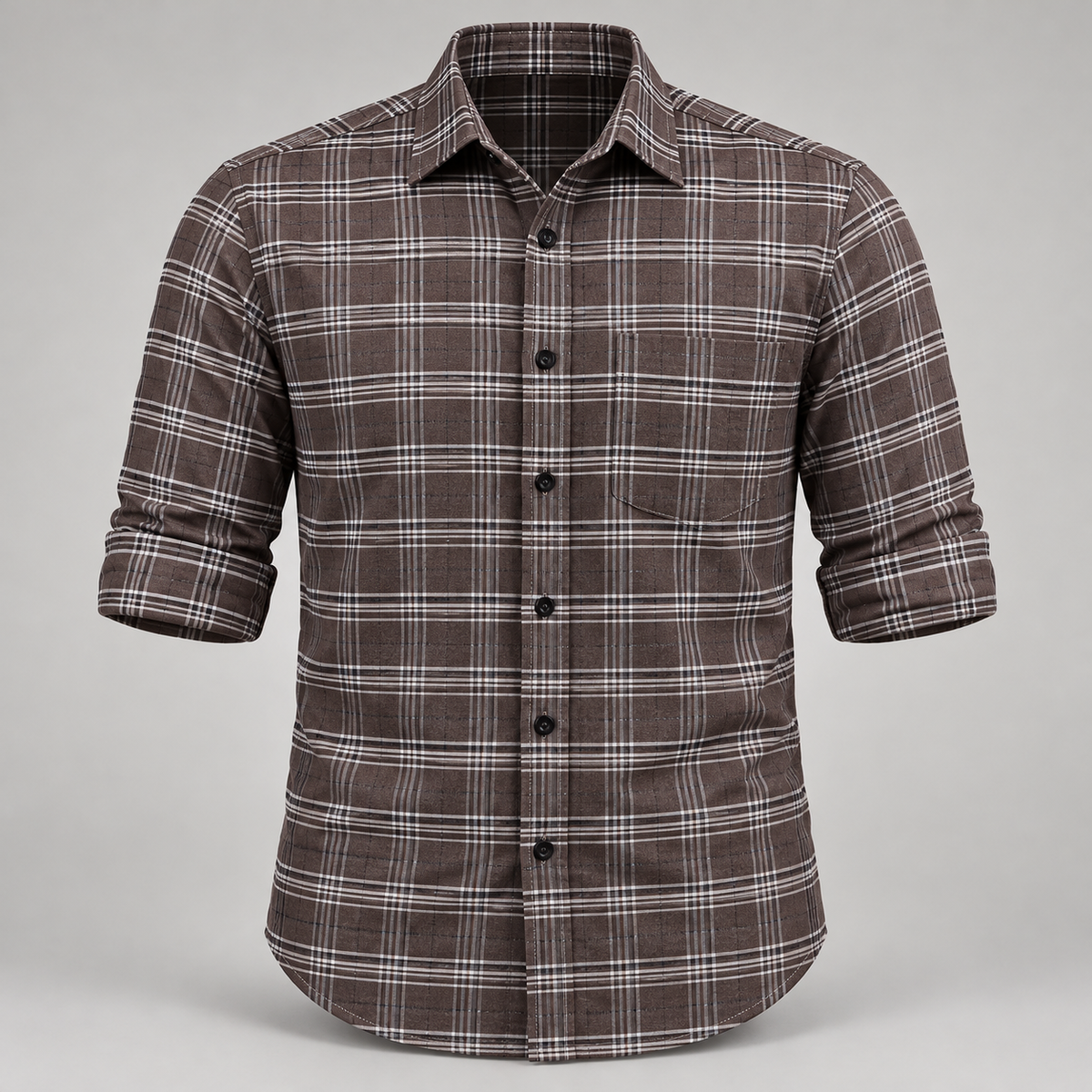 Checked shirt front product view with folded sleeves