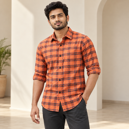 Checked shirt model view with folded sleeves