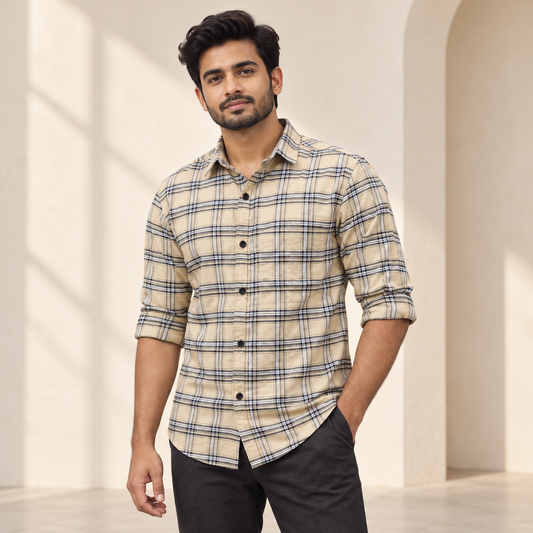 Checked shirt model view with folded sleeves