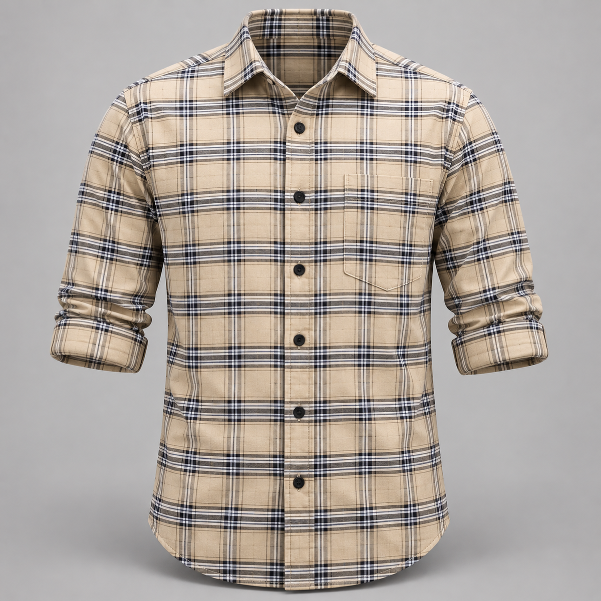 Checked shirt front product view with folded sleeves