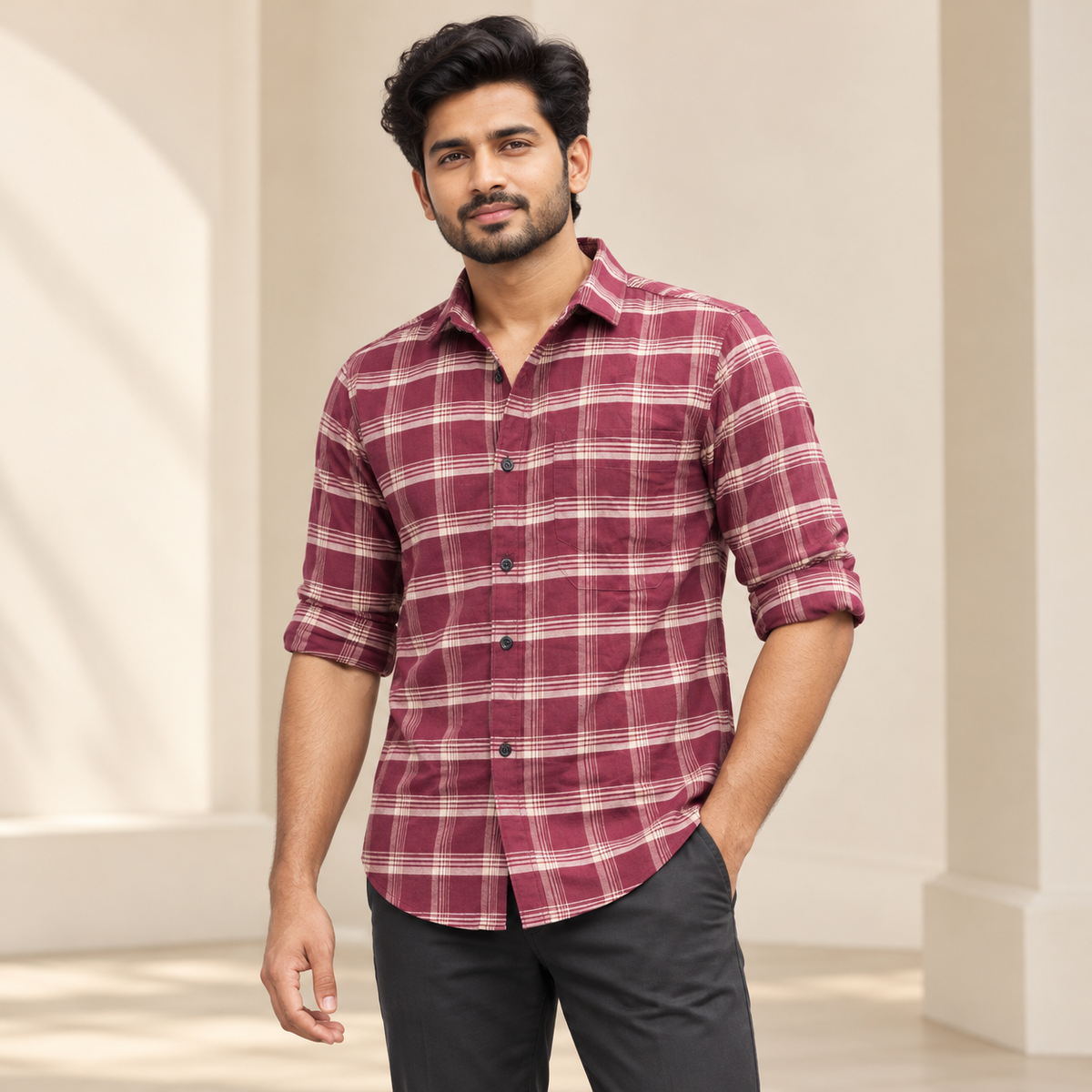 Checked shirt model view with folded sleeves