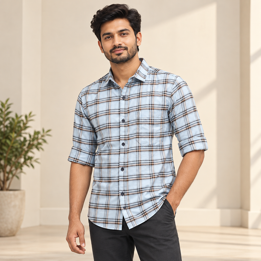 Checked shirt model view with folded sleeves