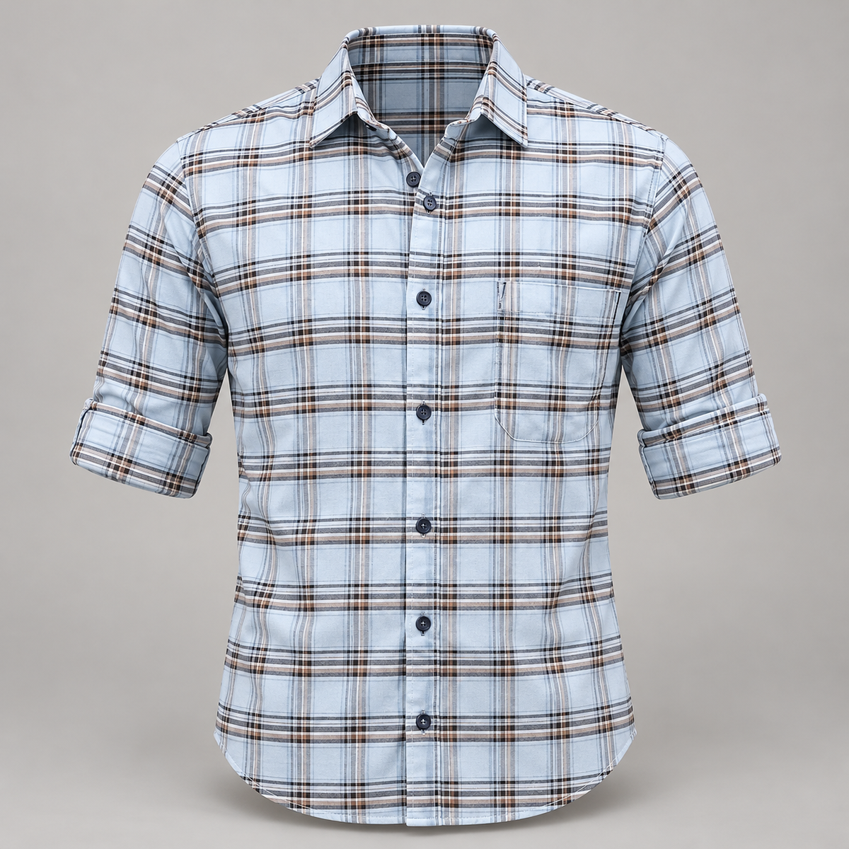 Checked shirt front product view with folded sleeves