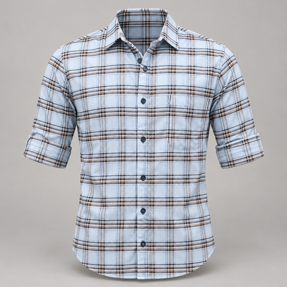 Checked shirt front product view with folded sleeves