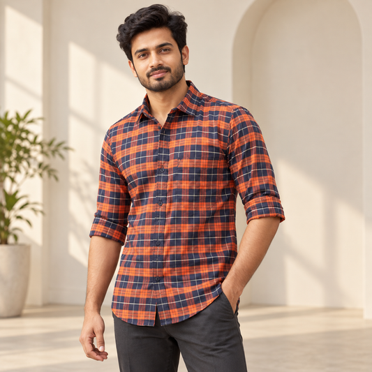 Checked shirt model view with folded sleeves