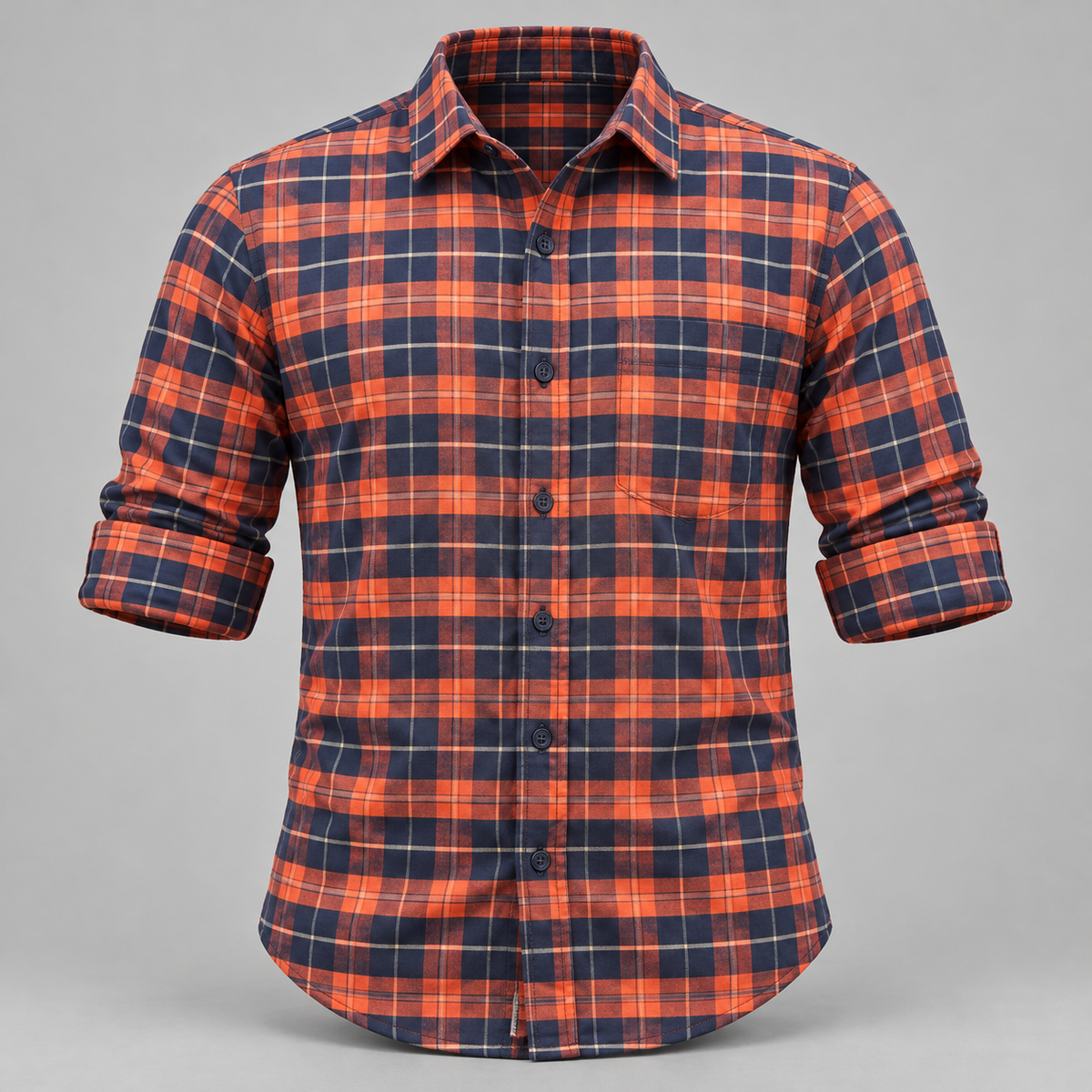 Checked shirt front product view with folded sleeves