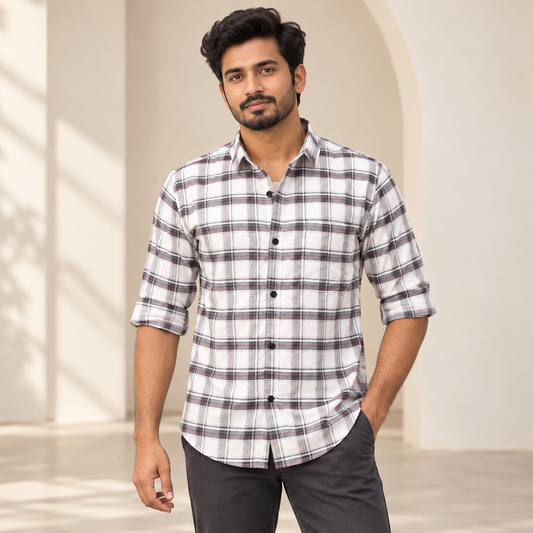Checked shirt model view with folded sleeves