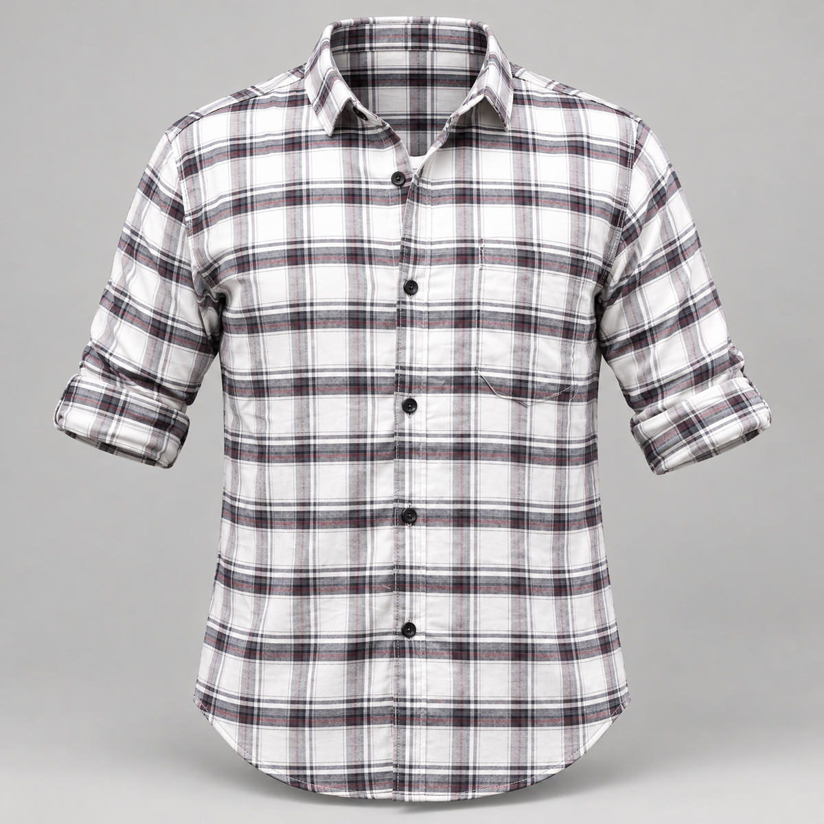 Checked shirt front product view with folded sleeves