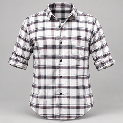 Checked shirt front product view with folded sleeves