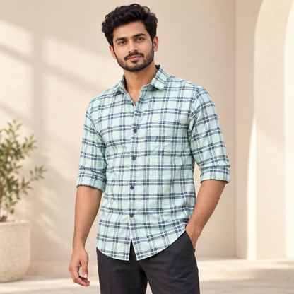 Checked shirt model view with folded sleeves