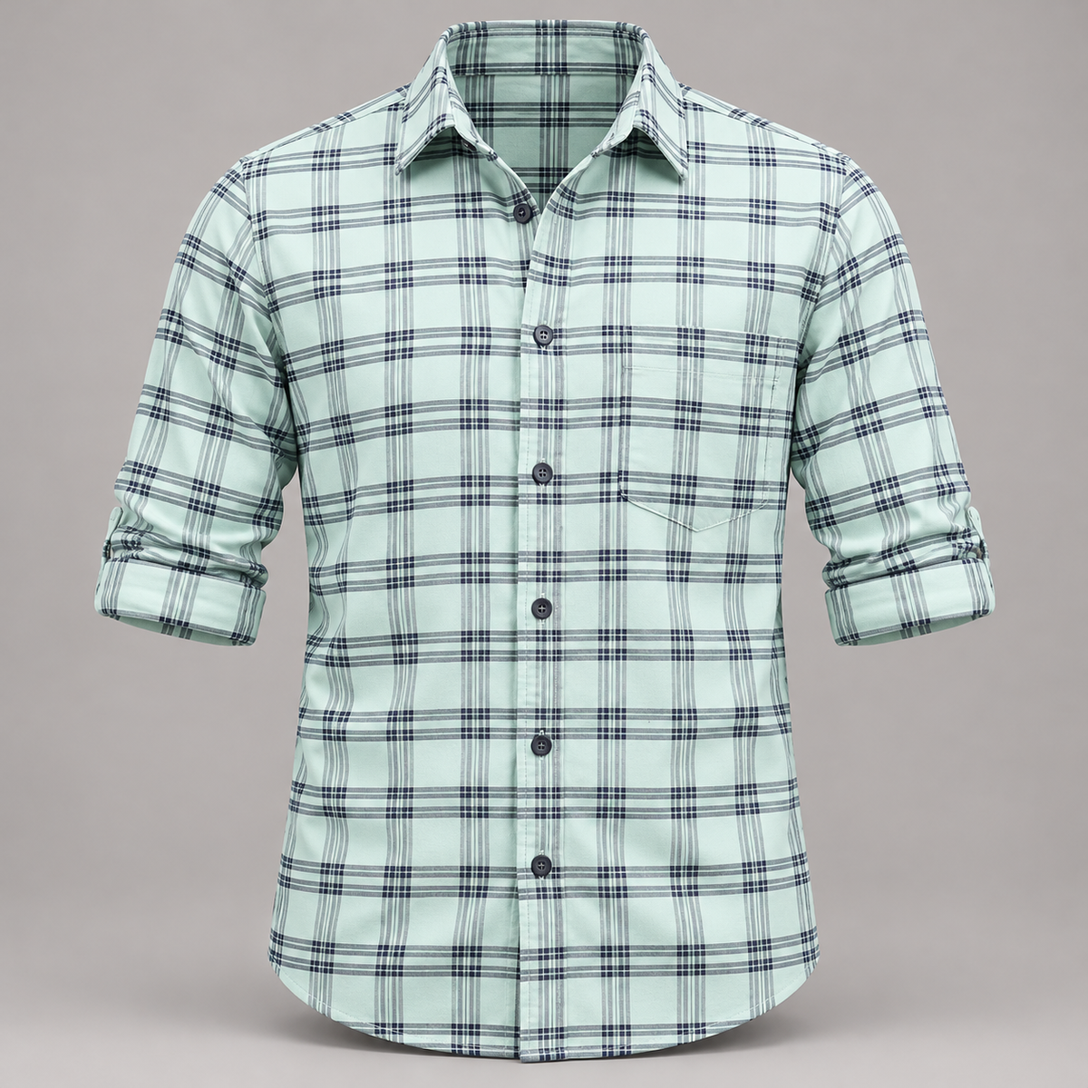 Checked shirt front product view with folded sleeves