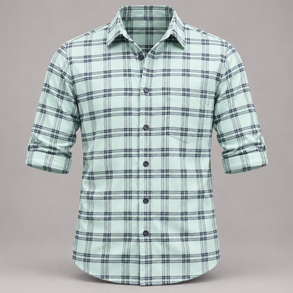 Checked shirt front product view with folded sleeves
