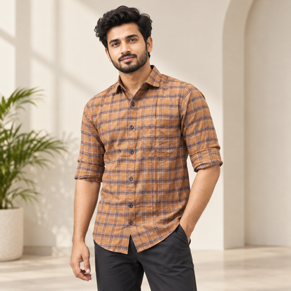 Checked shirt model view with folded sleeves