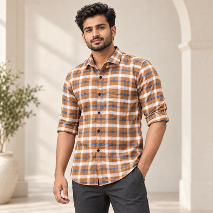 Checked shirt model view with folded sleeves
