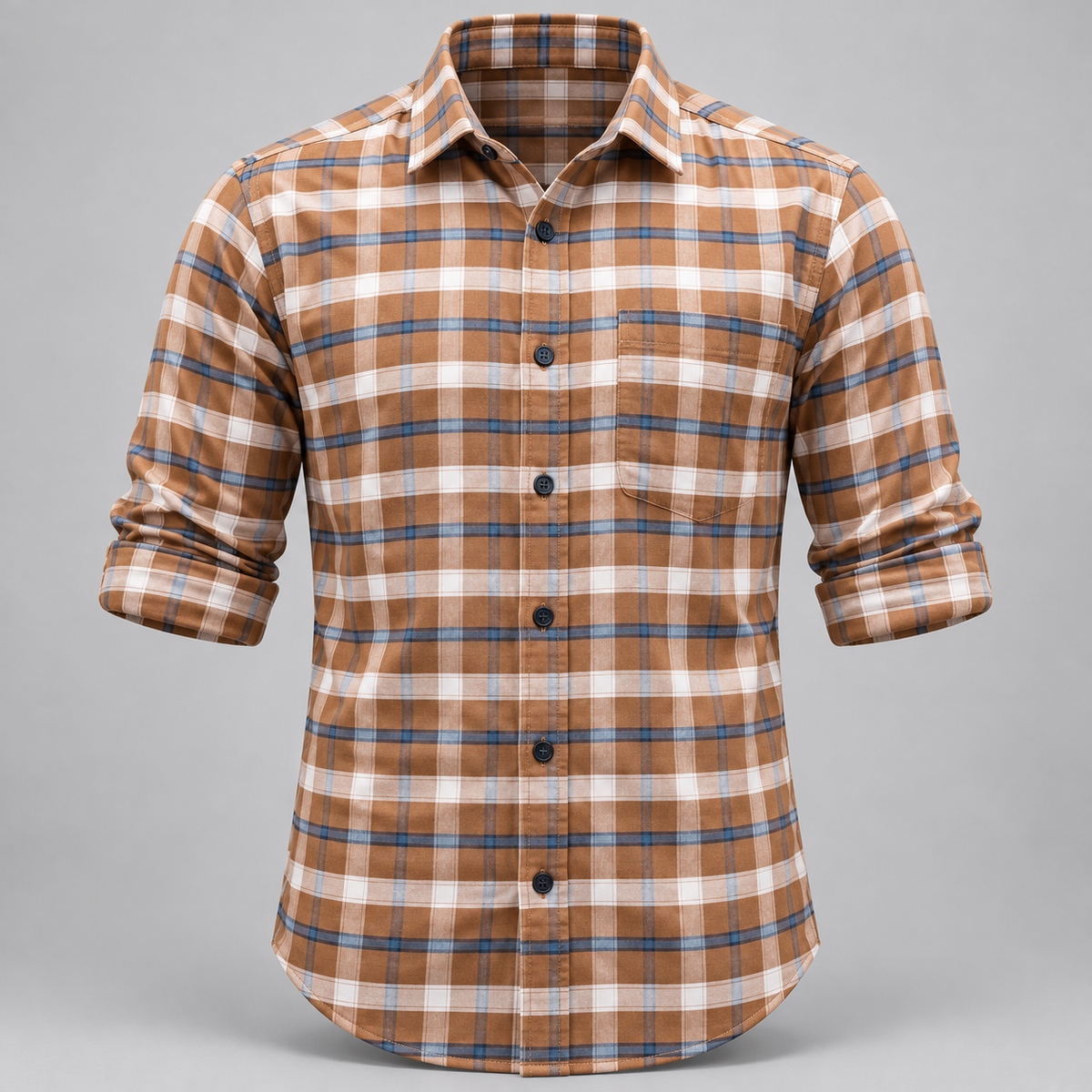 Checked shirt front product view with folded sleeves