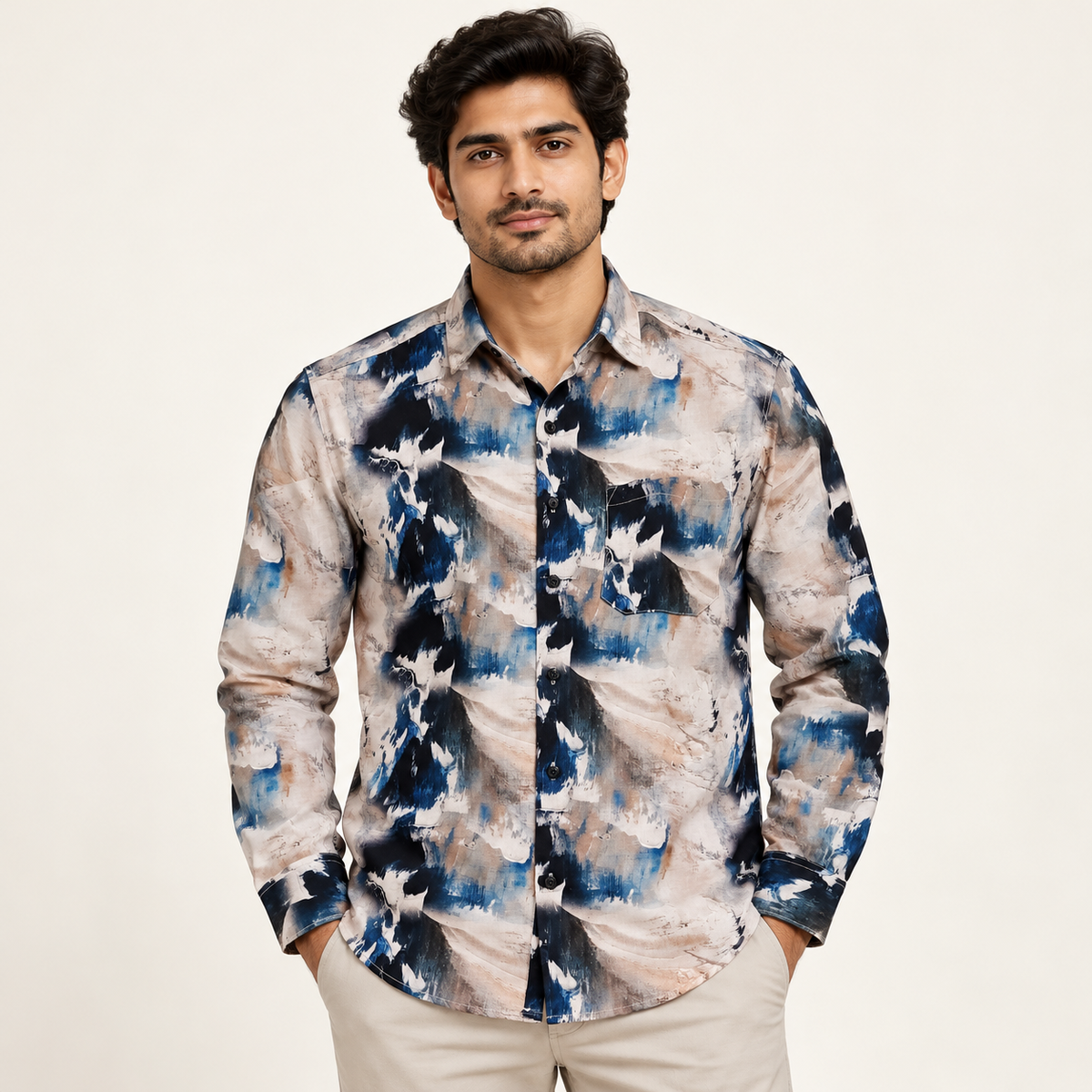 Cream navy abstract print full sleeve pocket shirt - model front