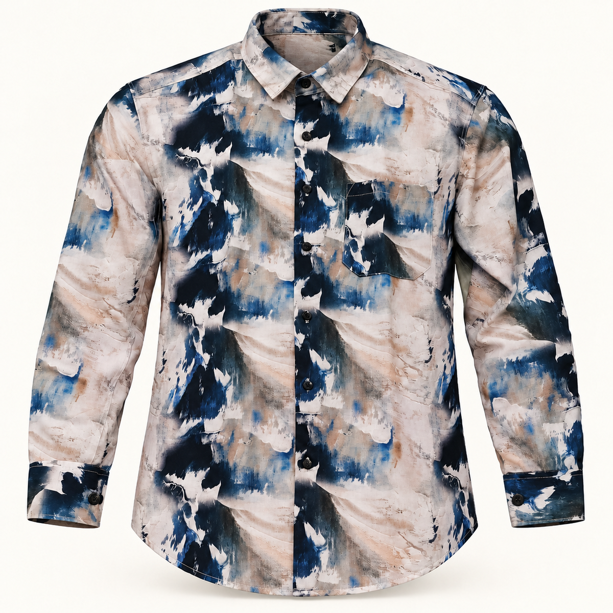 Cream navy abstract print full sleeve pocket shirt - product front