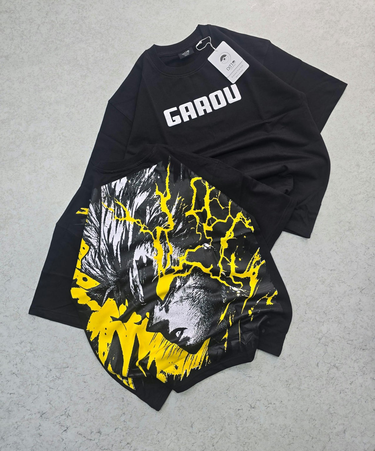Black GAROU yellow lightning print T-shirt front and back