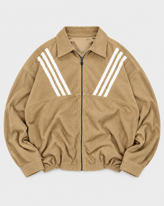 Beige zip-up collared shirt - front product view with white diagonal stripes