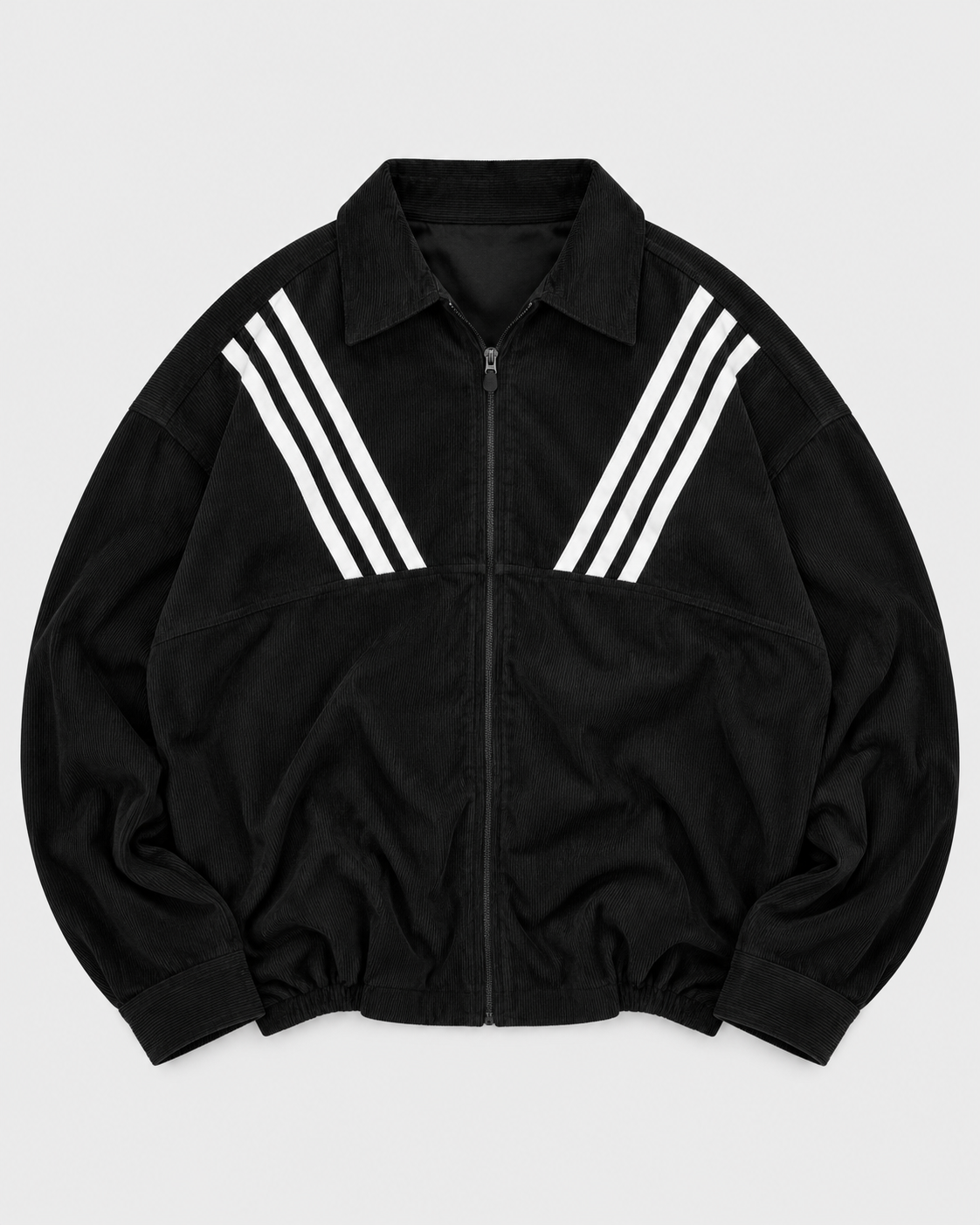 Black zip-up collared shirt - front product view with white diagonal stripes