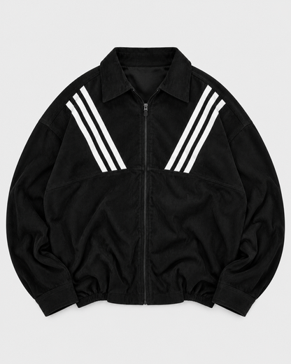 Black zip-up collared shirt - front product view with white diagonal stripes