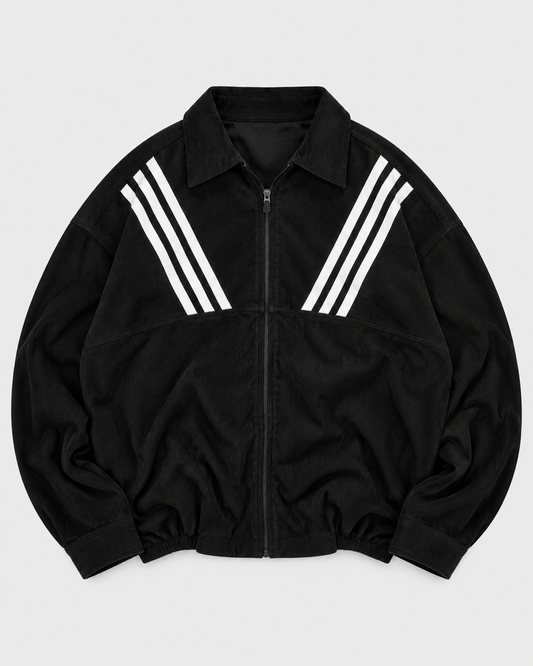 Black zip-up collared shirt - front product view with white diagonal stripes