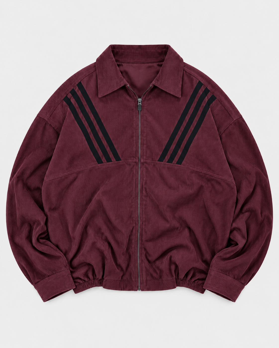 Maroon zip-up collared shirt - front product view with black diagonal stripes