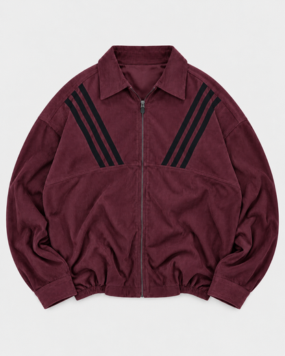 Maroon zip-up collared shirt - front product view with black diagonal stripes