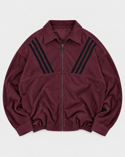 Maroon zip-up collared shirt - front product view with black diagonal stripes