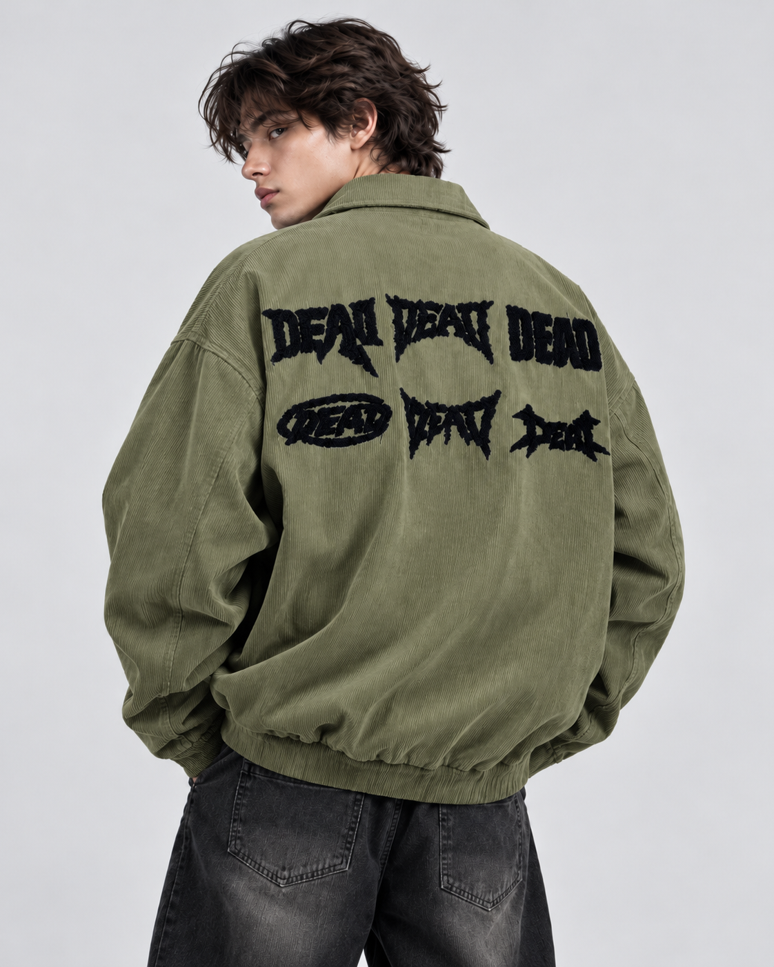 Olive Green zip-up collared shirt - model wearing the black graphic back design