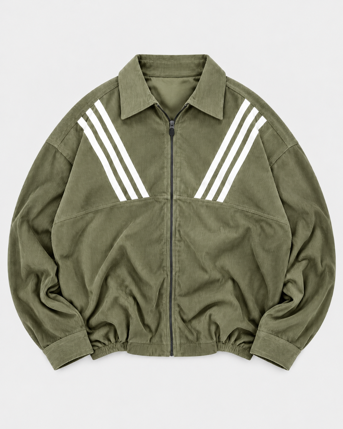 Olive Green zip-up collared shirt - front product view with white diagonal stripes