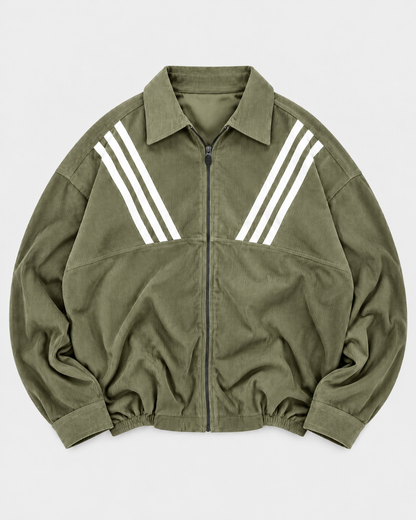 Olive Green zip-up collared shirt - front product view with white diagonal stripes