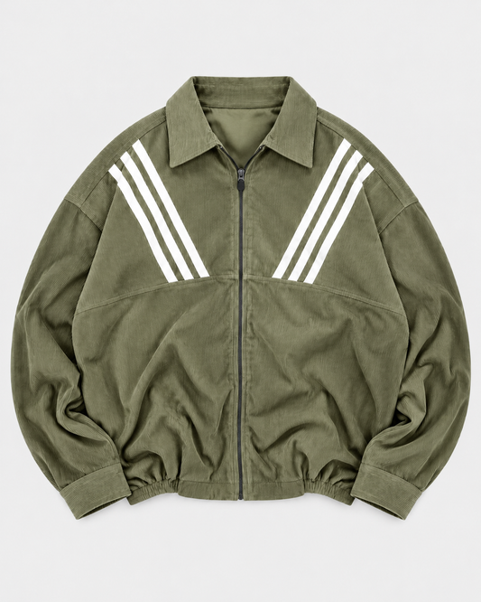 Olive Green zip-up collared shirt - front product view with white diagonal stripes