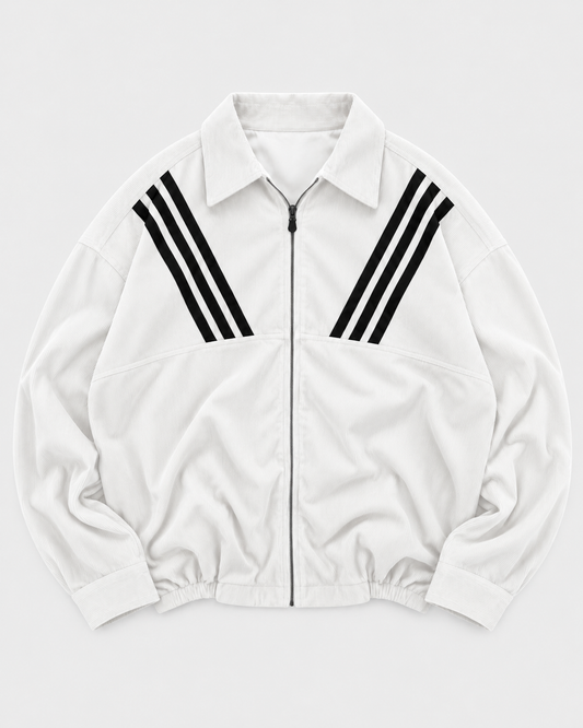 White zip-up collared shirt - front product view with black diagonal stripes