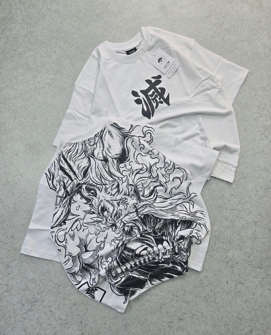 White Japanese samurai illustration T-shirt front and back