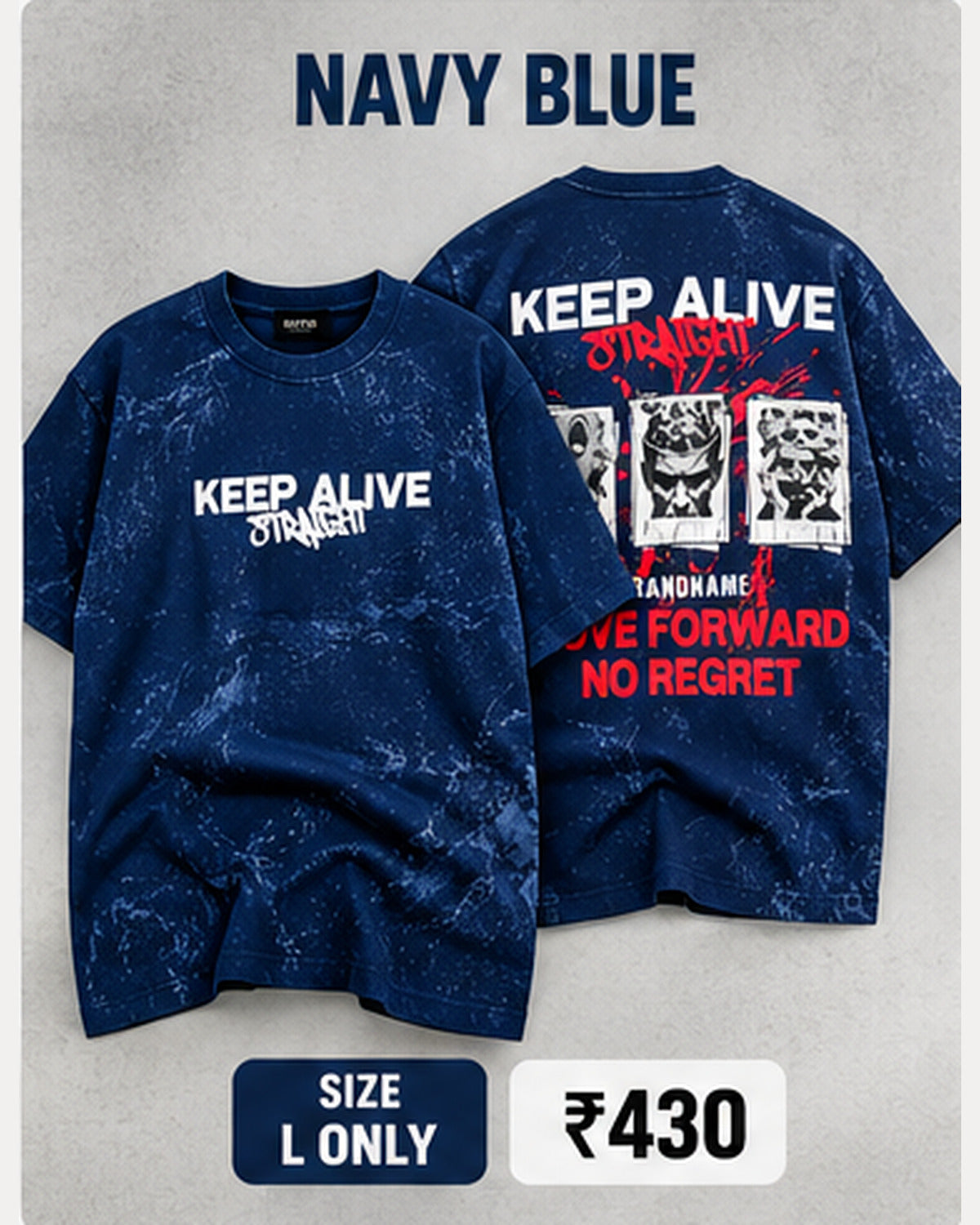 Navy Blue KEEP ALIVE STRAIGHT graphic T-shirt with front and back views together