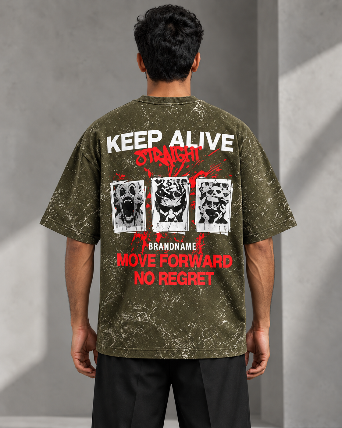 olive green KEEP ALIVE STRAIGHT oversized T-shirt worn by model, back view