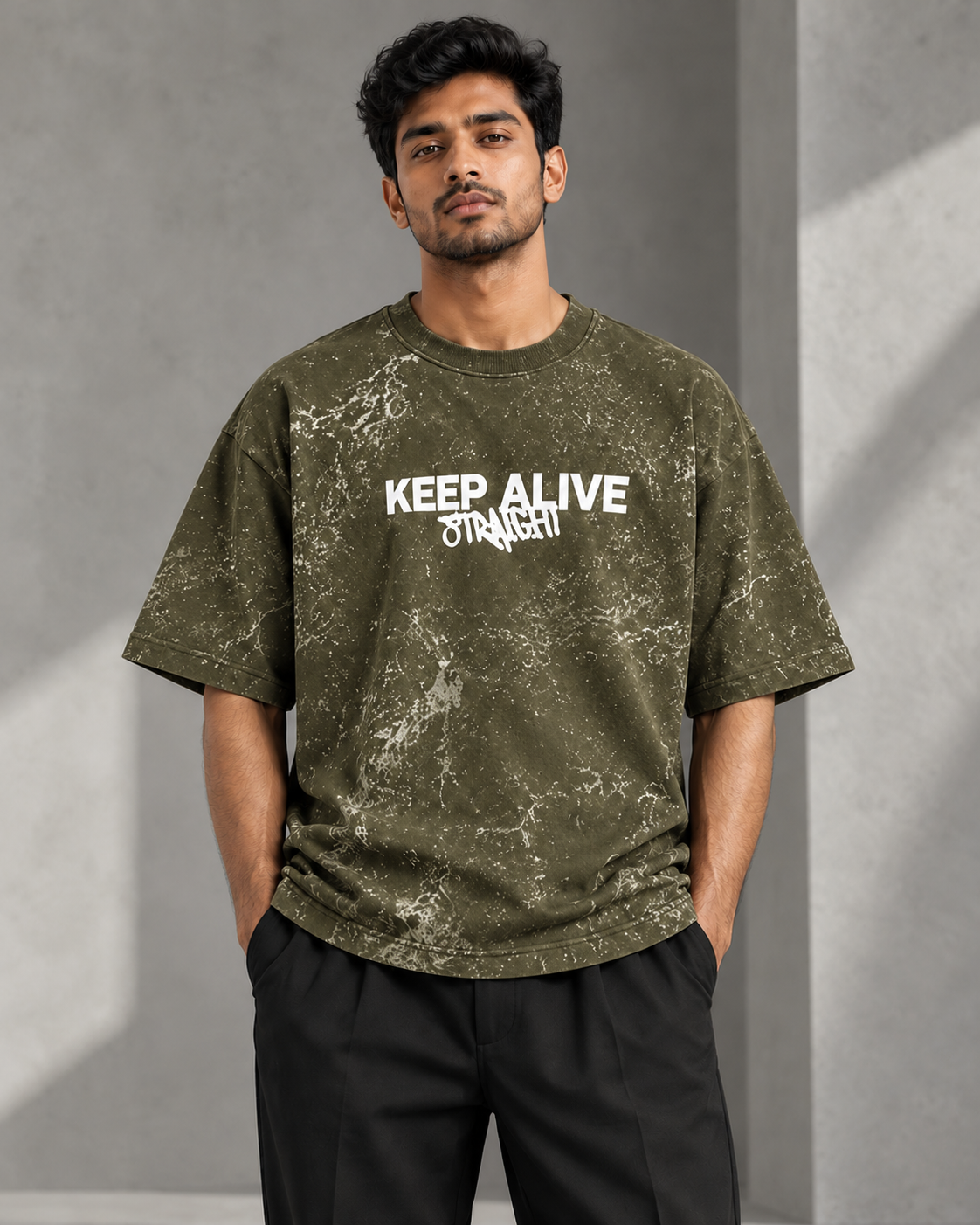olive green KEEP ALIVE STRAIGHT oversized T-shirt worn by model, front view