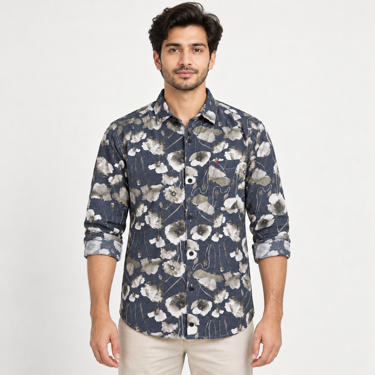 Large Floral Print Full Sleeve Pocket Shirt - Navy Cream Grey - adult model front with neatly rolled full sleeves