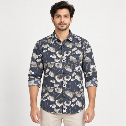 Large Floral Print Full Sleeve Pocket Shirt - Navy Cream Grey - adult model front with neatly rolled full sleeves