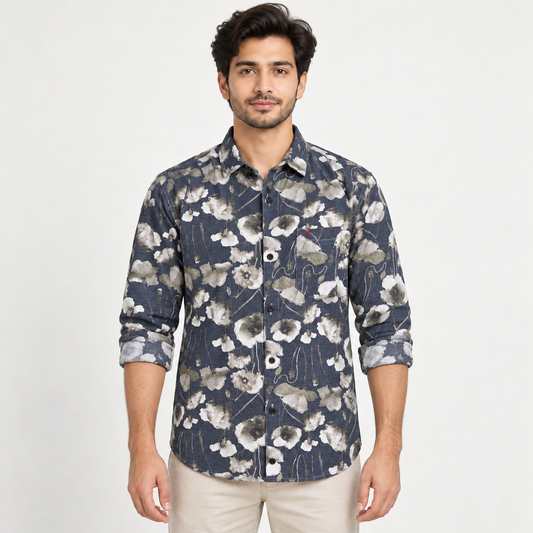 Large Floral Print Full Sleeve Pocket Shirt - Navy Cream Grey - adult model front with neatly rolled full sleeves