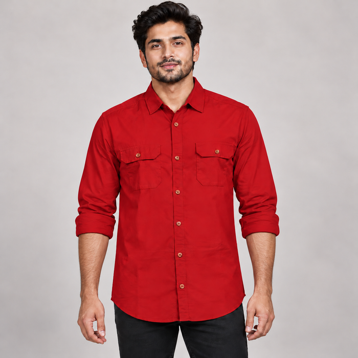 Plain Double Flap Pocket Full Sleeve Shirt - Red
