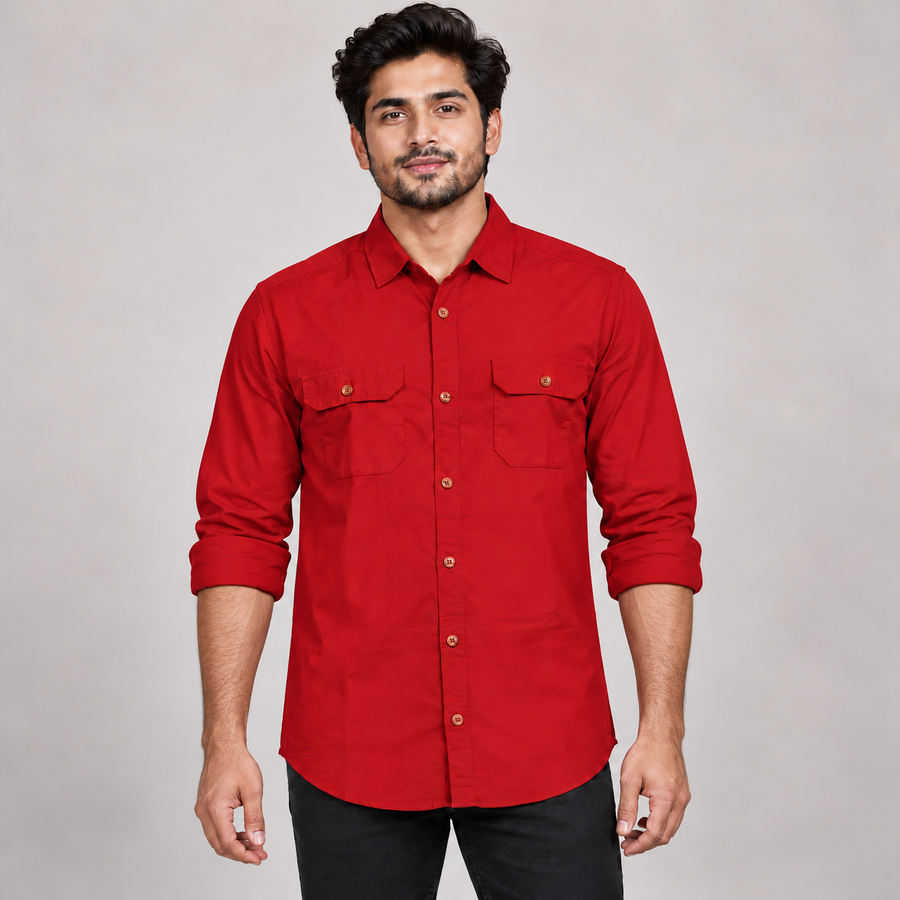Plain Double Flap Pocket Full Sleeve Shirt - Red - adult model front with neatly rolled full sleeves