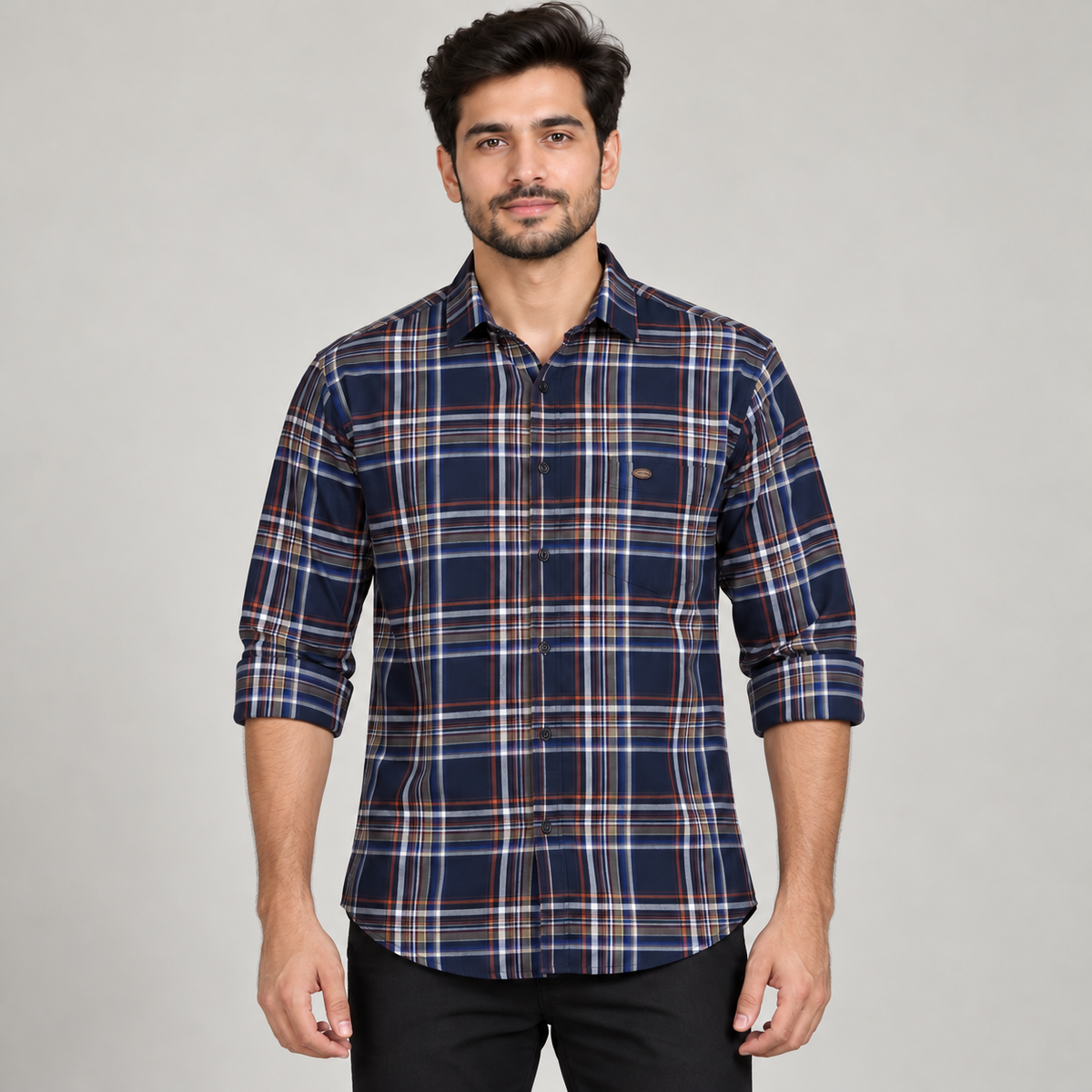 Plaid Full Sleeve Pocket Shirt - Navy Multicolour - adult model front with neatly rolled full sleeves