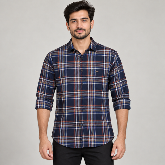 Plaid Full Sleeve Pocket Shirt - Navy Multicolour - adult model front with neatly rolled full sleeves