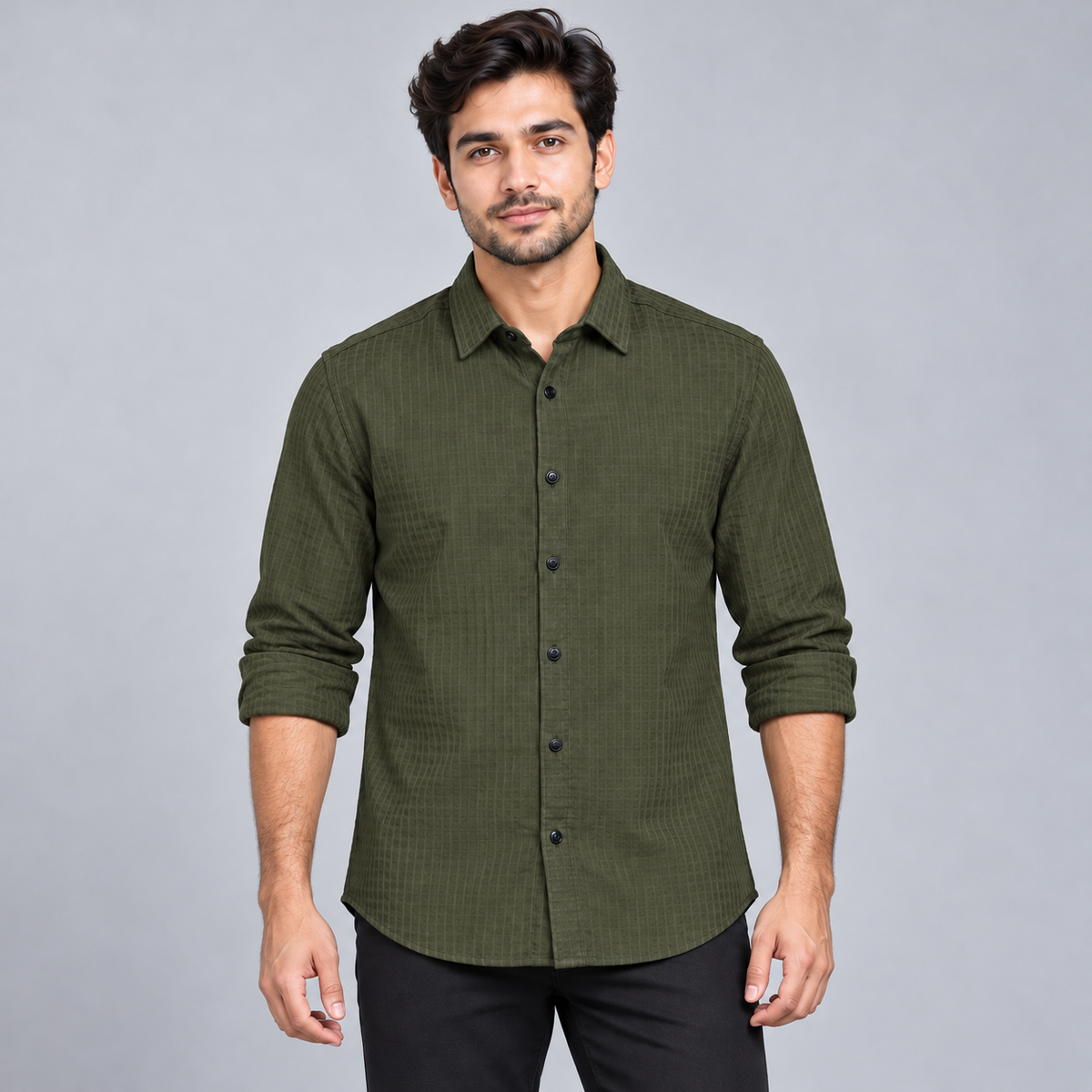 Tonal Textured Full Sleeve Shirt - Dark Olive - adult model front with neatly rolled full sleeves
